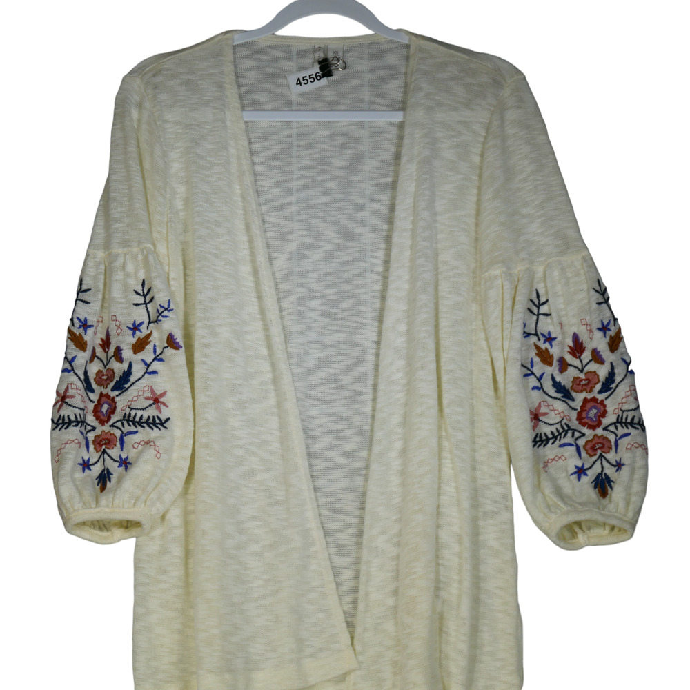 Oversized Cardigan Sweater Womens Size XS Ivory Embroidered Puff Sleeve Boho